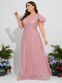 大碼蝴蝶袖蕾絲伴娘連衣裙 - 淺粉色 - 查看 3