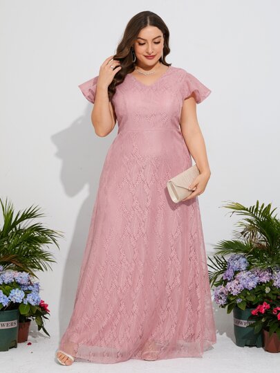 大碼蝴蝶袖蕾絲伴娘連衣裙