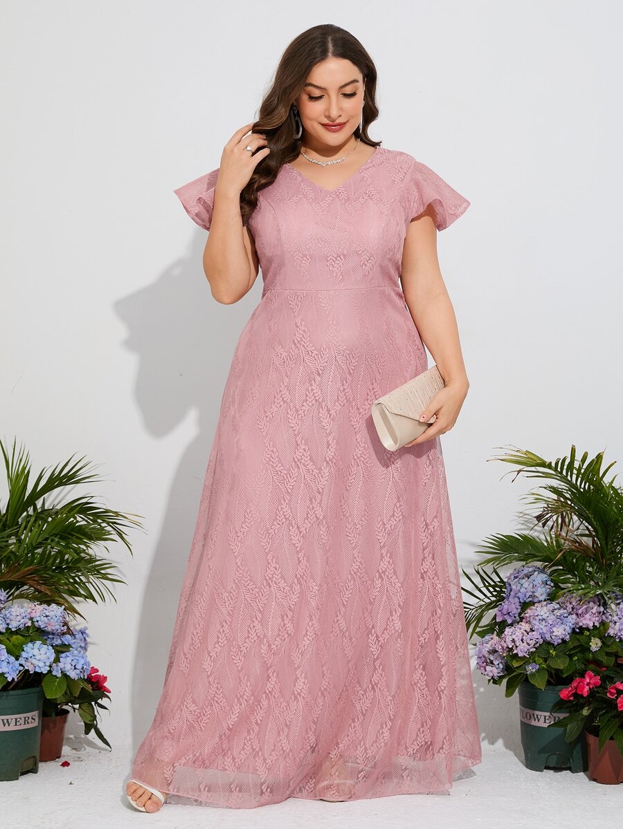 大碼蝴蝶袖蕾絲伴娘連衣裙 - 淺粉色 - 查看 1