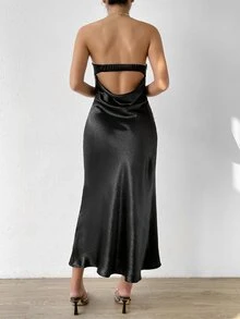 SHEIN Privé 垂墜露背高衩緞面抹胸連衣裙