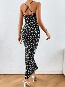 SHEIN Privé Vestido de tirantes con estampado floral con cordón de muslo con abertura - Multicolor - Ver 3