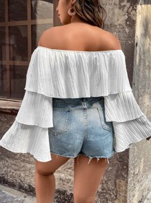 SHEIN LUNE Plus Off Shoulder Flounce Sleeve Crop Top - White - View 2