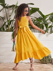 SHEIN Chicas Vestido de tirantes bajo con fruncido con cinturón - Amarillo - Ver 1