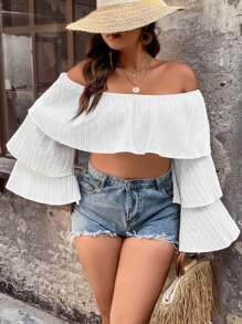SHEIN LUNE Plus Off Shoulder Flounce Sleeve Crop Top - White - View 4