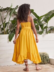 SHEIN Chicas Vestido de tirantes bajo con fruncido con cinturón - Amarillo - Ver 2