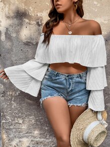 SHEIN LUNE Plus Off Shoulder Flounce Sleeve Crop Top - White - View 5