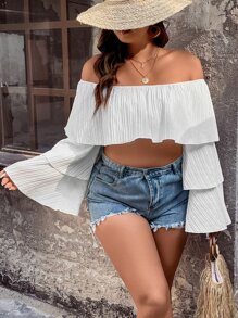 SHEIN LUNE Plus Off Shoulder Flounce Sleeve Crop Top - White - View 6