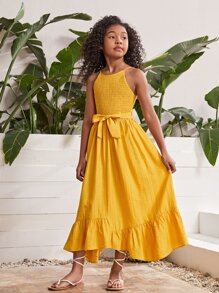 SHEIN Chicas Vestido de tirantes bajo con fruncido con cinturón - Amarillo - Ver 4