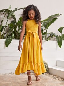 SHEIN Chicas Vestido de tirantes bajo con fruncido con cinturón - Amarillo - Ver 5