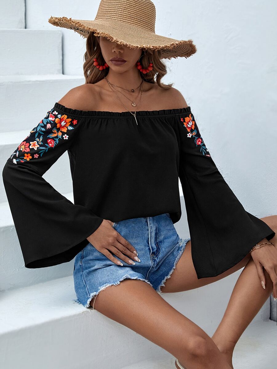 SHEIN VCAY Áo sơ mi nữ viền lá sen Hoa Boho - màu đen - Xem 1