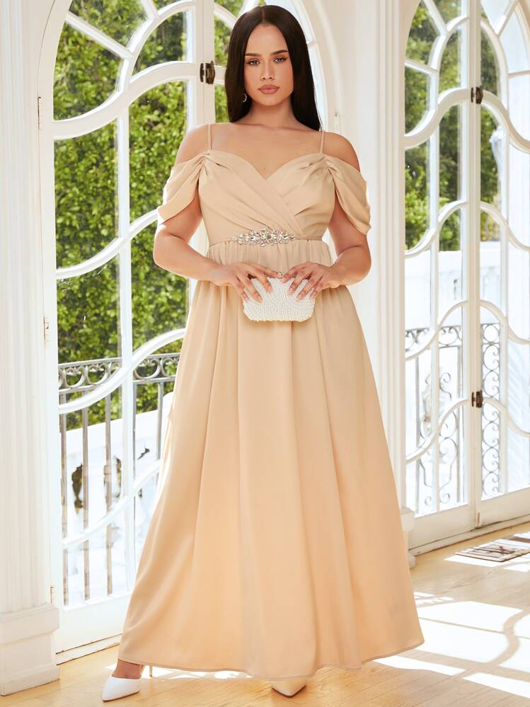 SHEIN Belle Plus Cold Shoulder Rhinestone Detail Bridesmaid Dress - Apricot - View 1