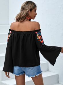 SHEIN VCAY Áo sơ mi nữ viền lá sen Hoa Boho - màu đen - Xem 2