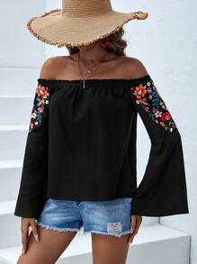 SHEIN VCAY Áo sơ mi nữ viền lá sen Hoa Boho - màu đen - Xem 3