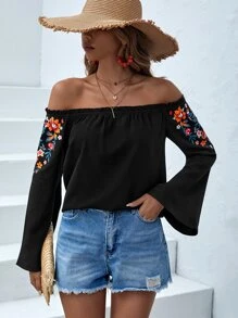 SHEIN VCAY Áo sơ mi nữ viền lá sen Hoa Boho - màu đen - Xem 4
