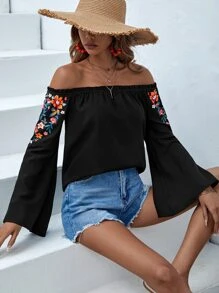 SHEIN VCAY Áo sơ mi nữ viền lá sen Hoa Boho - màu đen - Xem 5