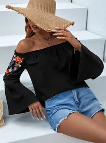 SHEIN VCAY Áo sơ mi nữ viền lá sen Hoa Boho - màu đen - Xem 6