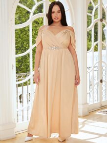 SHEIN Belle Plus Cold Shoulder Rhinestone Detail Bridesmaid Dress - Apricot - View 4