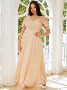 SHEIN Belle Plus Cold Shoulder Rhinestone Detail Bridesmaid Dress - Apricot - View 5