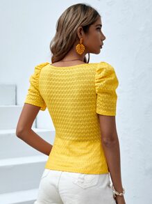 SHEIN VCAY Square Neck Puff Sleeve Tee - Yellow - View 3