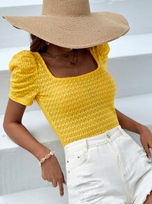 SHEIN VCAY Square Neck Puff Sleeve Tee - Yellow - View 1