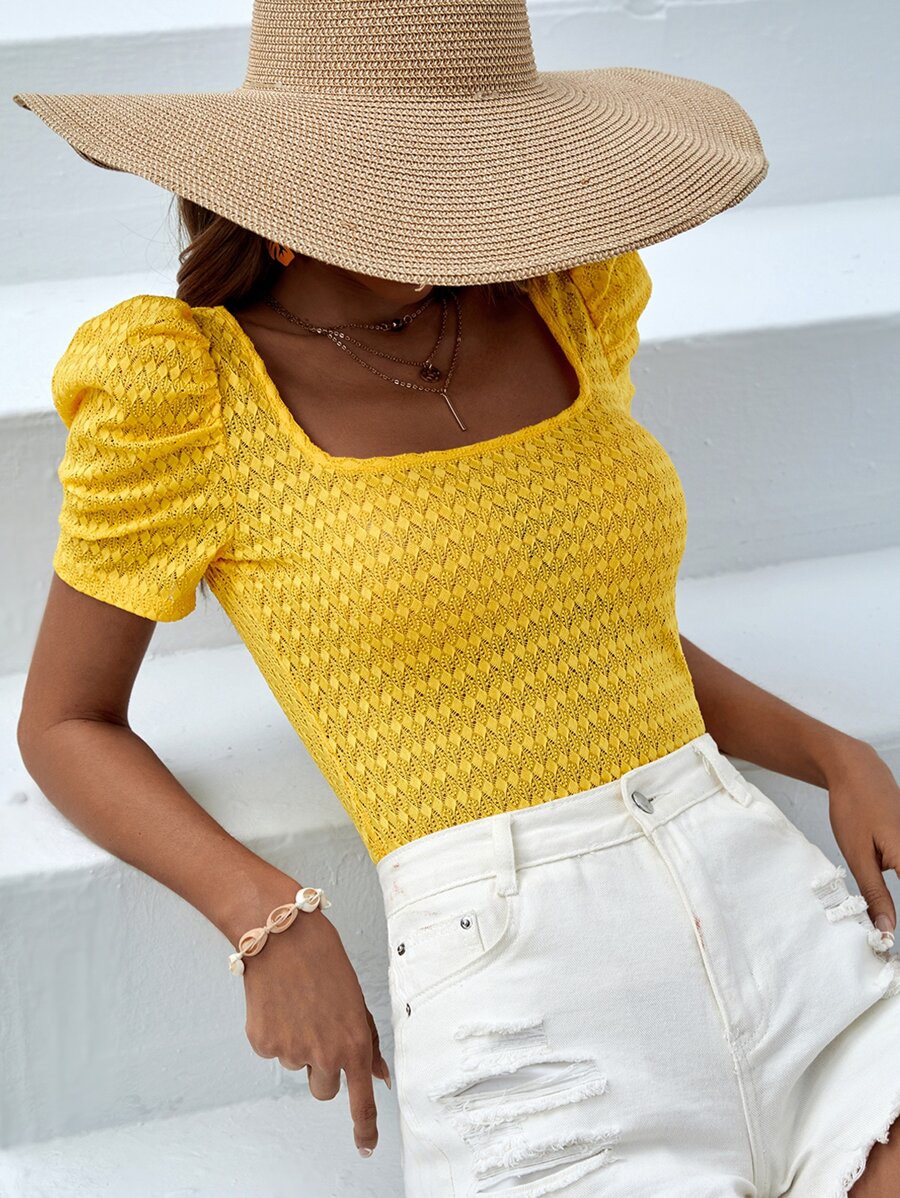 SHEIN VCAY Square Neck Puff Sleeve Tee - Yellow - View 1