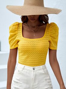 SHEIN VCAY Square Neck Puff Sleeve Tee - Yellow - View 4