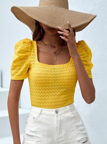 SHEIN VCAY Square Neck Puff Sleeve Tee - Yellow - View 6