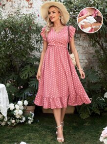 SHEIN Maternity 1pc Polka Dot Print Ruffle Hem Nursing Dress - Coral Pink - View 1