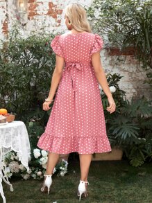 SHEIN Maternity 1pc Polka Dot Print Ruffle Hem Nursing Dress - Coral Pink - View 2