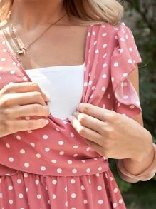 SHEIN Maternity 1pc Polka Dot Print Ruffle Hem Nursing Dress - Coral Pink - View 6