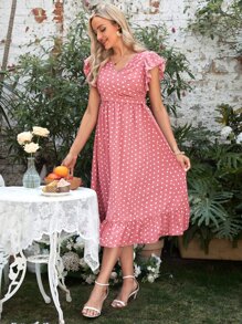 SHEIN Maternity 1pc Polka Dot Print Ruffle Hem Nursing Dress - Coral Pink - View 8