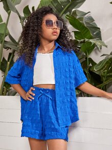 SHEIN Bộ hai mảnh Gái Thắt nút Nút phía trước Quần paper-bag Textured màu trơn Giải trí - Màu xanh lam - Xem 4