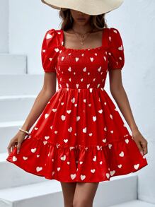 SHEIN VCAY Heart Print Square Neck Ruffle Hem Dress - Red - View 2