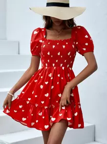 SHEIN VCAY Heart Print Square Neck Ruffle Hem Dress - Red - View 1