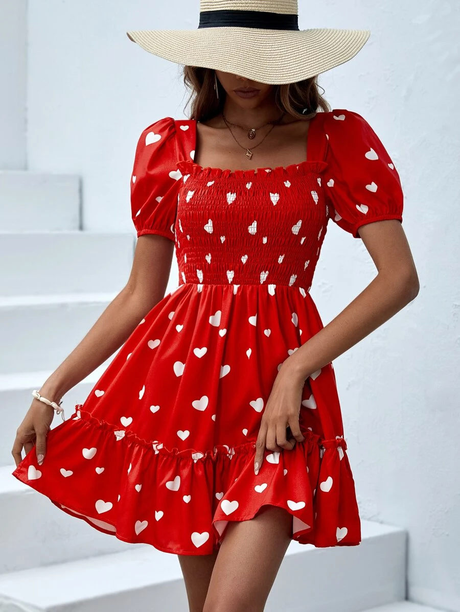 SHEIN VCAY Heart Print Square Neck Ruffle Hem Dress - Red - View 1