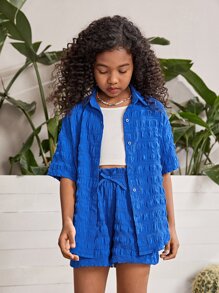 SHEIN Bộ hai mảnh Gái Thắt nút Nút phía trước Quần paper-bag Textured màu trơn Giải trí - Màu xanh lam - Xem 3