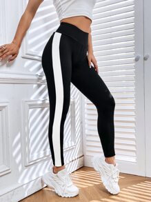 SHEIN EZwear 拼接側邊接縫寬腰帶緊身打底褲 - 黑與白 - 查看 1