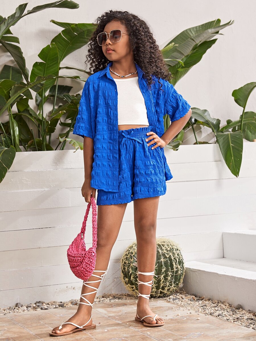 SHEIN Bộ hai mảnh Gái Thắt nút Nút phía trước Quần paper-bag Textured màu trơn Giải trí - Màu xanh lam - Xem 1