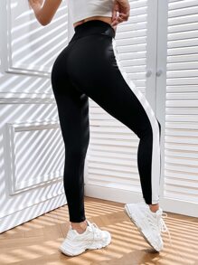 SHEIN EZwear 拼接側邊接縫寬腰帶緊身打底褲 - 黑與白 - 查看 2