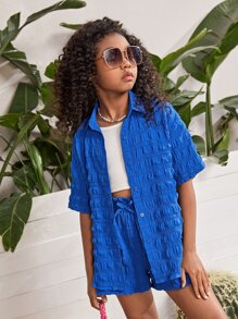 SHEIN Bộ hai mảnh Gái Thắt nút Nút phía trước Quần paper-bag Textured màu trơn Giải trí - Màu xanh lam - Xem 6