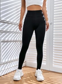 SHEIN EZwear 拼接側邊接縫寬腰帶緊身打底褲 - 黑與白 - 查看 3