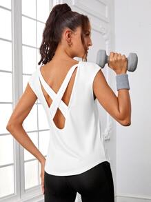 SHEIN Daily&Casual Criss Cross Backless Sports Tank Top - White - View 1