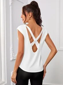 SHEIN Daily&Casual Criss Cross Backless Sports Tank Top - White - View 2