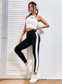SHEIN EZwear 拼接側邊接縫寬腰帶緊身打底褲 - 黑與白 - 查看 7