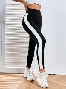 SHEIN EZwear 拼接側邊接縫寬腰帶緊身打底褲 - 黑與白 - 查看 8