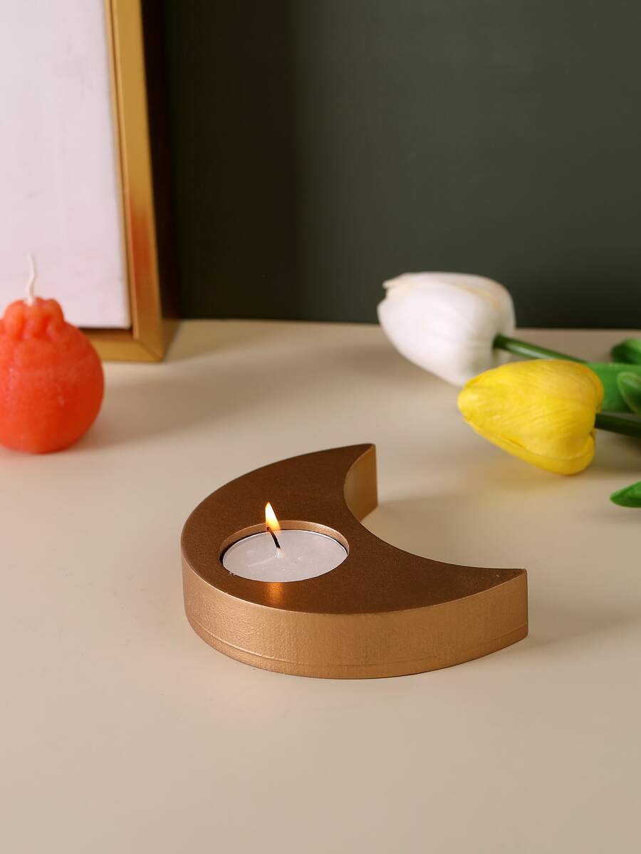 1pc Moon Design Candle Holder, Gold Wooden Candle Tray For Home Decor - Gold - View 1