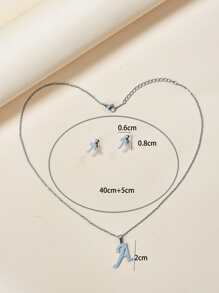 1套字母圖案圓形吊墜項鍊和耳釘 - 銀色 - 查看 3