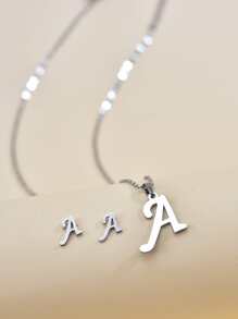 1套字母圖案圓形吊墜項鍊和耳釘 - 銀色 - 查看 4