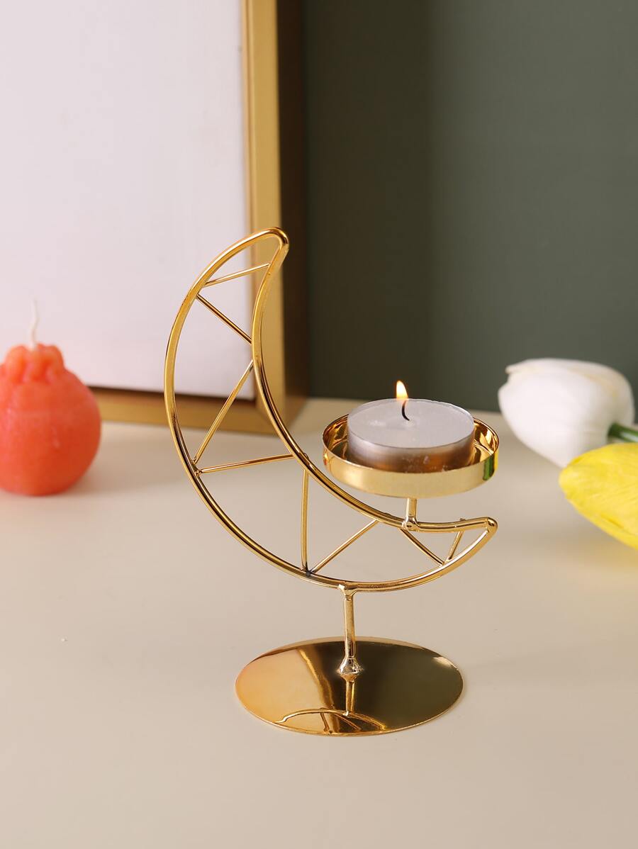 1pc Moon Shaped Iron Candle Holder, Gold Candle Stand For Home Decor - Gold - View 1