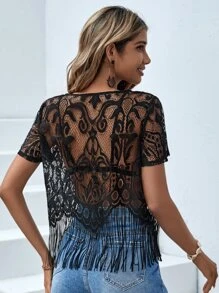 SHEIN VCAY Fringe Hem Sheer Lace Cover Up Top Without Bra - Black - View 4